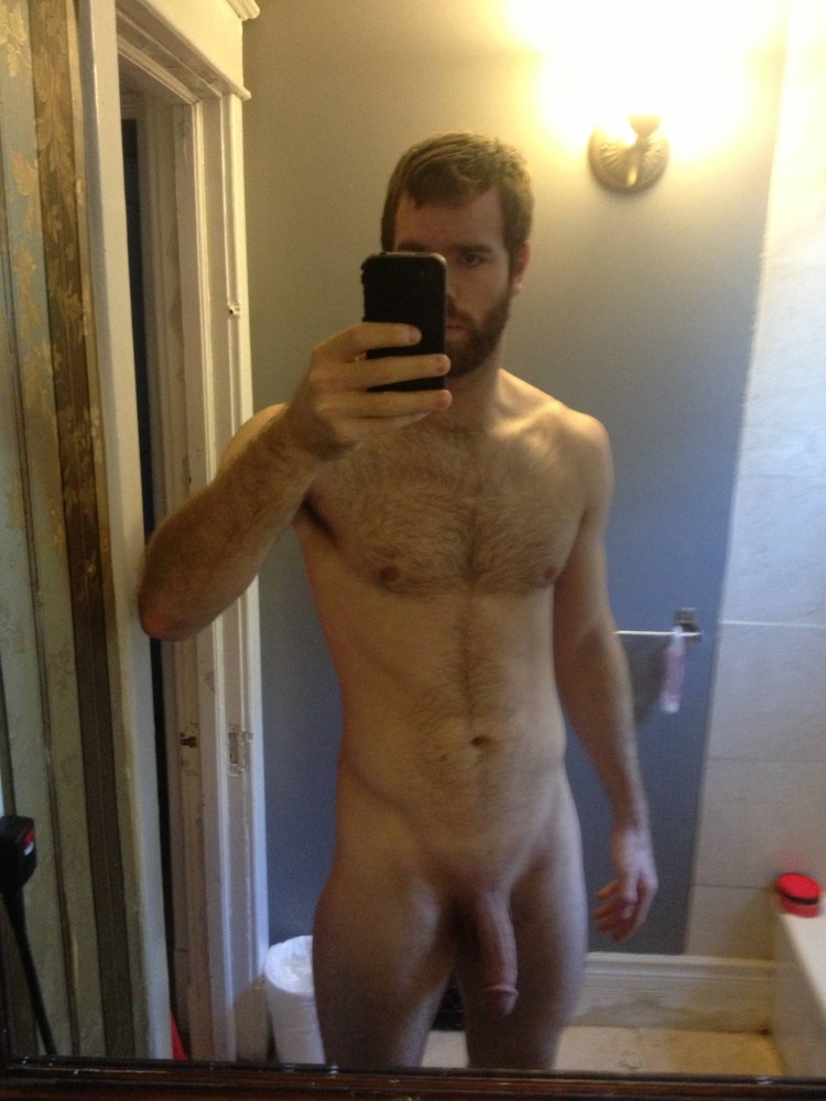 Naked man with jerking Monster cock take a photo in the Mirror