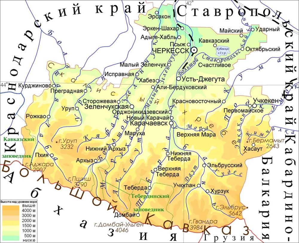 Карачаево-Черкесская Республика на карте с городами