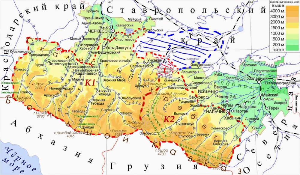 Карта Кабардино Балкарии с горой Эльбрус